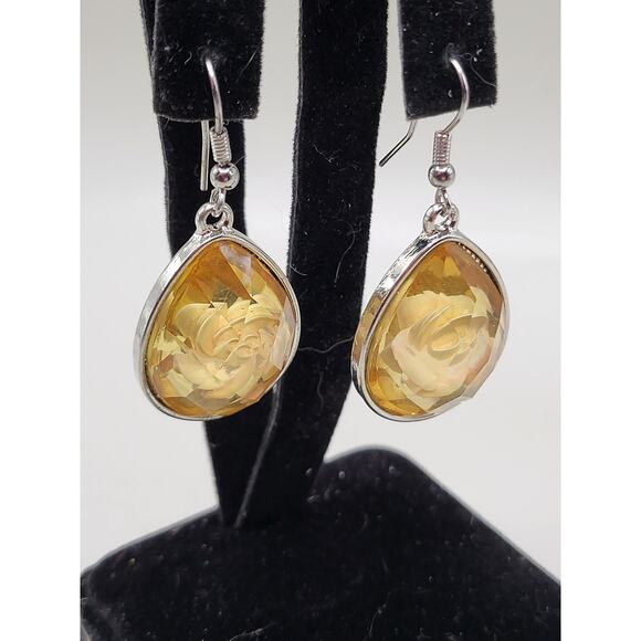 Yellow Rose Resin Teardrop Earrings Silver Tone Dangle Drop Floral Jewelry - Picture 4 of 6